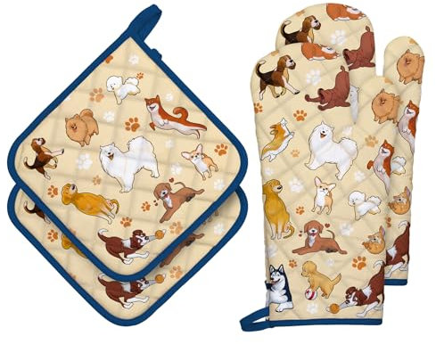 Arquiel Guanti Da Forno Presina Set Di 4, 100% Cotone Addensare Guanti Da Forno A Microonde, Presine Da Cucina Morbida Resistenti Al Calore Per Arrostire, Cuocere(cane dei cartoni animati)