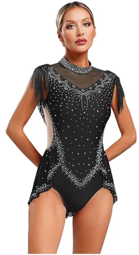 RUNQHUI Damen Turnanzug Ärmellos Glitzer Ballettanzug Gymnastik Leotards Ballett Tanzkleidung mit Asymmetrisch Saum Latein Overalls Ballettanzug