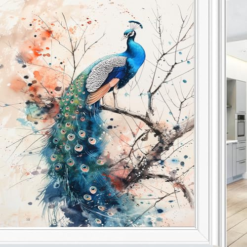 Vintage Pfau Fenster Sichtschutzfolie Wilde Natur Vogel Blau Federn Milchglas Fensterfolie Dekorative Statische Haftung für Glas für Zuhause 45 x 60 cm