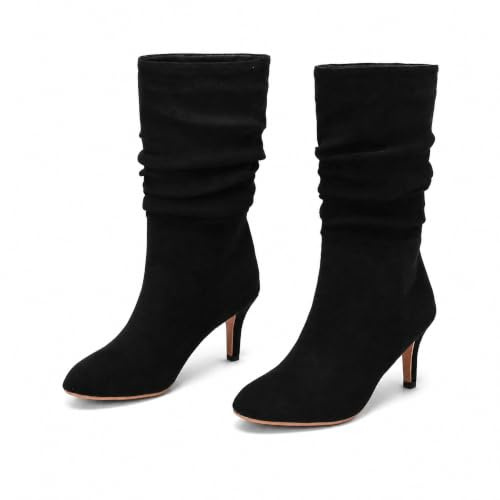 Voviggiw Women's Suede Slouch Boots Kitten Heel Mid Calf Boots Soft Fur Lining Pull on Heeled Slouchy Boot