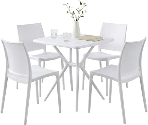 CLP Gartenmöbel Set stapelbar Amino mit 4 Stühlen und Tisch, Gartenstühle wetterfest aus Kunststoff, Essgruppe für Garten, Terrasse und Balkon, Farbe:weiß