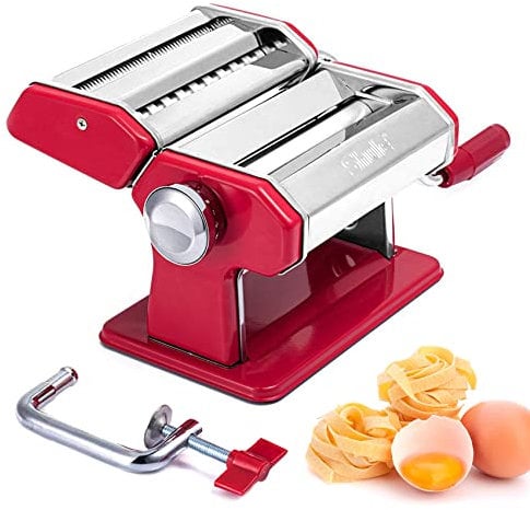 Shule Pasta Maker Machine Stainless Steel Adjustable Pasta Roller and Cutter for Tagliattelle Linguine Lasagna Noodles, Classic Red