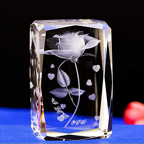 OSALADI Crystal 3D Rose and Heart Engraved Glass I Love You Base Figurine Ornament Gift for Wedding Souvenirs Christmas Birthday Valentines