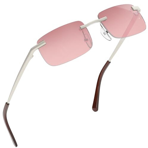 grinderPUNCH Kleine schlanke 90er beliebte neunziger rechteckige Sonnenbrille klare randlose Brille (Silberrahmen - Pink)