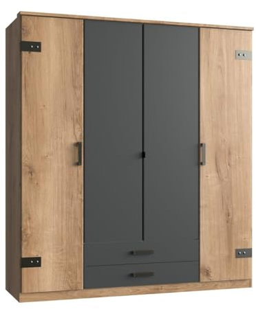 Calicosy Armoire 4 Portes décor chêne et Graphite - L180 cm