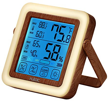 HuBDIC Digital Hygrometer Indoor Thermometer with Humidity Monitor, Room Temperature & Humidity Gauge for Home, Baby Room, Bedroom, Office, Greenhouse, Cellar, with Portable Night Light (Dark Wood)