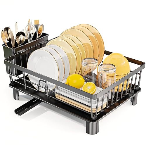 LIONONLY Escurridor de Platos,Escurreplatos de Acero Inoxidable,Estante de Secado de Platos con Bandejas de Goteo,Portautensilios und Boca de Vaciado Giratoria,Escurreplatos con Drenaje Automático