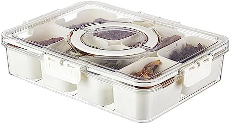 Servir Dividida con Tapa y asa, Bandeja Rectangular para Servir Aperitivos con 8 Compartimentos, Almacenamiento Alimentos para Dulces, Frutas, Frutos Secos, Aperitivos