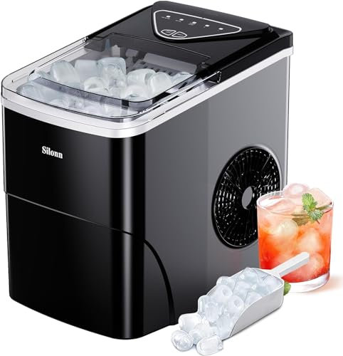 Silonn Ice Maker Machine, 9 Cubes Ready in 6 Mins, 12KG in 24Hrs, Self-Cleaning Ice Machine with Ice Scoop and Basket, 2 Sizes of Bullet Ice for Home Kitchen Office Bar Party