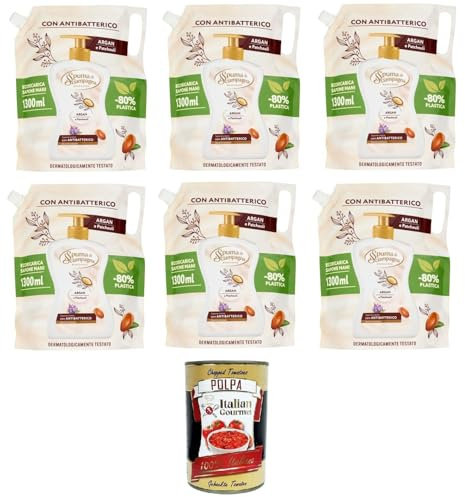Italian Gourmet sapone liquido Nachfüllpack Argan Patchouli Set 6 x 1500ml | Ecoricarica benessere idratante, Duftpflege für Hände, formato famiglia, Gesamtnettogewicht 9 L + Kostenlos Polpa 400g