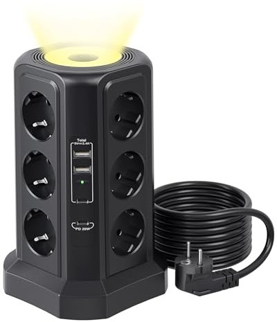 12 Fach Mehrfachsteckdose (4000W/16A) mit USB C PD 20W, Steckdosenturm Steckdosenleiste Überspannungsschutz mit 4 USB Schalter, PASSUS 2M Verlängerungskabel, Mehrfachstecker für Zuhause, Schwarz