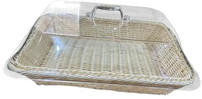 Woven Bread Basket with Lid Imitation Rattan Basket Rustic Holder Breakfast Basket Fruit Basket Storage Basket for Cafe Desk, Beige, 35cmx25cmx15cm