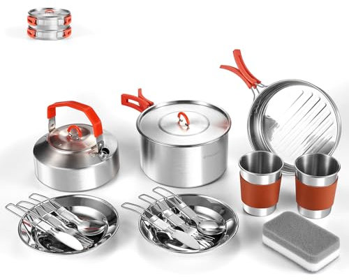 Odoland Juego de 15 ollas de camping de acero inoxidable con tazas de acero inoxidable para camping, mochileros, cocina al aire libre y picnic