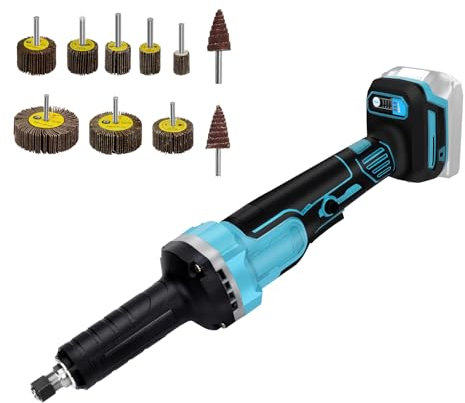 Molinillo inalámbrico compatible con Makita 18V batería, amoladora recta eléctrica sin escobillas con portabrocas de 6 mm y 4 velocidades ajustables (sin batería) (Con 10 cabezales de lijado)