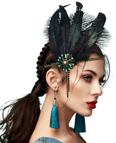 HIQIU 1920er Jahre Haarschmuck Damen - Flapper Kopfband mit Federn und Kristallen Gatsby Kopfschmuck Stirnband Feder Headpiece (Grün, Einheitsgröße)