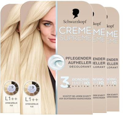 Schwarzkopf Creme Supreme L1++ Extrem Aufheller Plus (4x 182 ml), pflegender Aufheller mit Serum und Haar-Maske schützt vor sichtbaren Haarschäden, mit Anti-Gelbstich Effekt