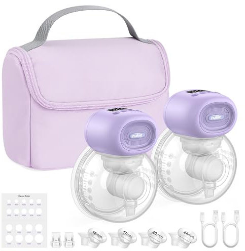 Nuliie Tire Lait Electrique Main Libre avec Sac de Rangement Portable, 4 Modes et 12 Niveaux, Tire Lait Electrique Allaitement avec Bride de 14/17/20/24/27 mm (2 Paquets, Violet)
