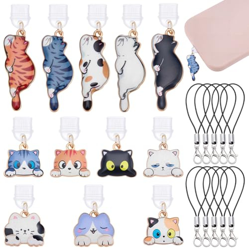 FREEBLOSS 12 x Katzen Staubstecker Anhänger Kompatibel Mit Dem Ladeanschluss Typ C Mobile Staubstecker Süße Handy Anhänger Mit 12 x Umhängebändern Geschenk Für Buchliebhaber Leser Männer Frauen