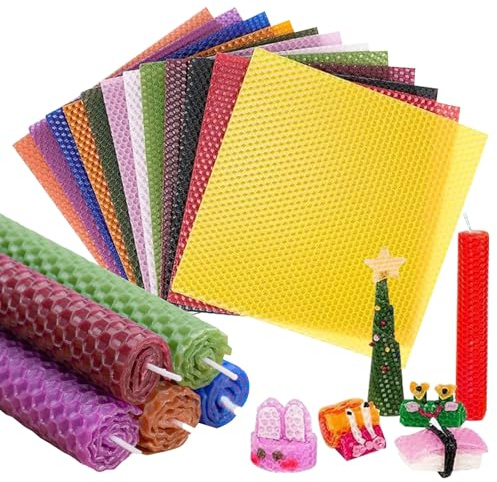 Gohytal Bienenwachs-Kerzenherstellungs Set, 12 Farben Bienenwachsplatten 20 * 20 cm mit 6m Baumwolldocht, DIY-Kerzen Bienenwachs-Kerzen Selber Machen, für Erwachsene und Kinder