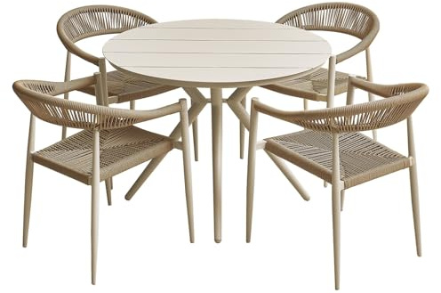 MAT-COMPANY Gartenmöbel Set 4 Personen Sitzgruppe Aluminium Tisch 100x100 cm rund Stühle stapelbar wetterfest Balkon Terrasse Hellbeige Braun