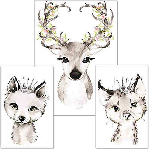 artpin® 3er Set Poster Kinderzimmer - A4 Bilder Babyzimmer - Deko Mädchen schwarz-weiß Reh Luchs Fuchs P31