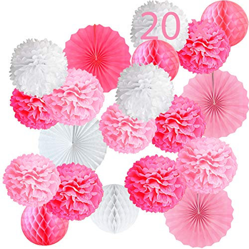 20er Rosa Deko Seidenpapier Pompons, Dekorpapier Blumenpuscheln Papier, Rosetten, Fans Fächer, Papierfächer, Wabenbälle. Dekoration Hochzeit, Taufe Mädchen, Baby Shower, Geburtstag Party, JGA