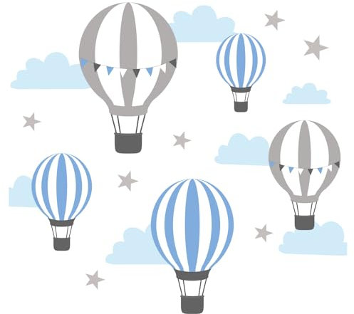 Little Deco Wandaufkleber Kinderzimmer Heißluftballons Blau Grau I Wandbild 115 x 58 cm (BxH) I Wolken Sterne Junge Wandtattoo Babyzimmer DL502