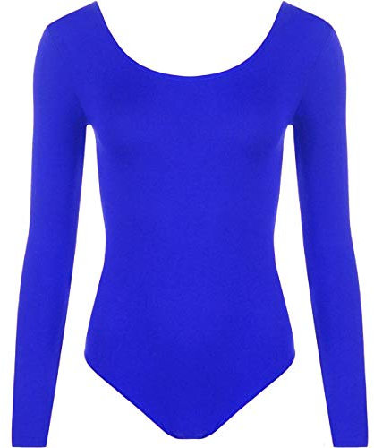 FASHION 7STAR Damen Stretch-Body mit langen Ärmeln, Gymnastikanzug, U-Ausschnitt, Gymnastikanzug, Tanzanzug, Top 36-42, königsblau, 12-14