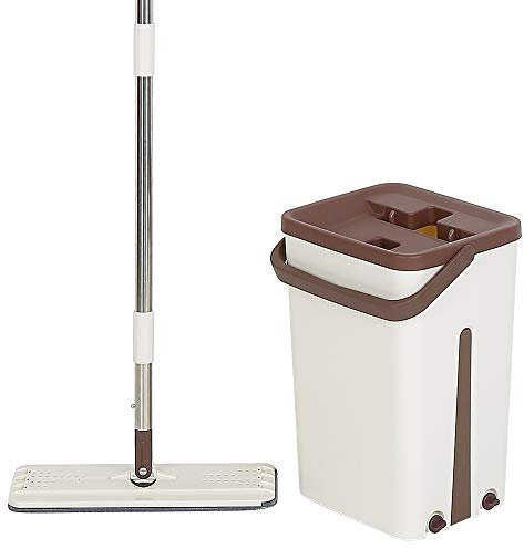 Willonin Mopp und Eimer Set, Flachwischer mit Edelstahlgriff, innovatives Nass und Trockenreinigungsset mit Zwei wiederverwendbaren Pads für alle Böden (Braun)