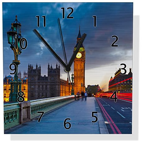 Wallario Design Wanduhr London- Big Ben bei Nacht aus Aluverbund, Alu-Uhr Größe 30 x 30 cm, Schwarze Zeiger mit Metalloptik