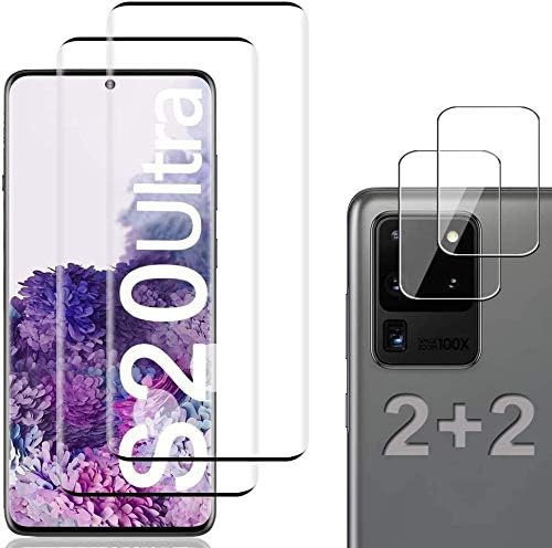 Schutzfolie Kompatibel für Galaxy S20 Ultra, Fingerabdrucksensor Kompatible, +Linse Schutzfolie, [2+2 Stück] 3D Full Screen Panzerglasfolie, 9H Härte, HD Klar, Displayschutzfolie für Galaxy S20 Ultra