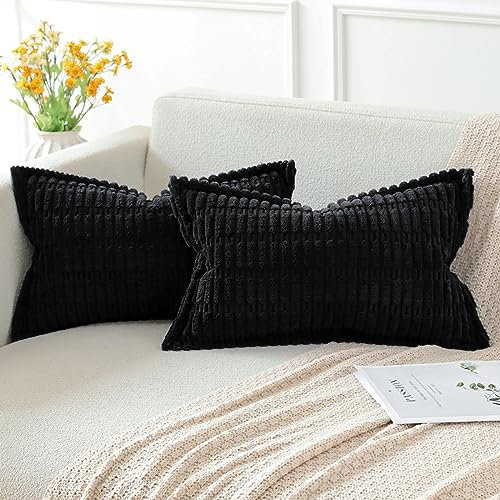 Artscope 2er Set Kordsamt Kissenbezüge Moderne Kissenhüllen Dekorative Sofakissen Dekokissen Weicher Zierkissenbezug für Wohnzimmer Sofa Schlafzimmer Boho Dekor Schwarz, 30x50cm
