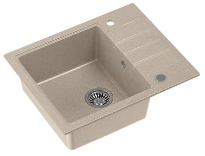 QUADRON fregadero de granito fregadero de un seno | tamaño 62 x 50 x 20 cm, color: beige y acero | PETER 116 fregadero de cocina fregadero moderno | con sifón manual y escurridor