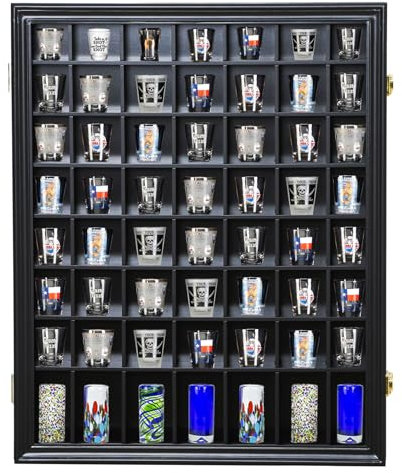 Shot Glass Display Case Black Lockable 56-Slot Wooden Cabinet Rack Holder