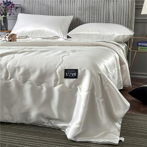 Chickwin Dessus de Lit en Satin, Couleur Unie Couvre Lit Matelassé Dessus de Lits Microfibre Couvre-Lits Couverture de Lit Doux Toutes Les Saisons pour Lit 1~2 Personnes (180x220cm,Blanc)