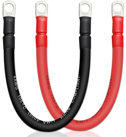 ZONBANG 4 AWG Battery Cable, 2 PCS Battery Cables with Terminals, Battery Cable Wire with 3/8 inch Terminals, Copper Marine Battery Cables, 1FT