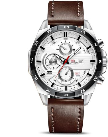 OFFCUP Herren Uhr Männer Analog Quarz Chronograph Braun Leder larmband, Armbanduhren Herren mit Datum, Uhren Mode Casual Business Uhr für Klassische Elegantes Geschenk -Weiß