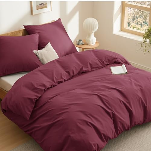 BEDSURE Bettwäsche 220x240 Baumwolle Weinrot - Bettwäsche-Sets 240 x 220 cm Bettbezug 3teilig mit 2 Kissenbezüge 80x80 cm, Oeko-TEX Bedding Rot mit Reißverschluss