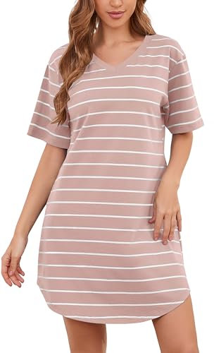 WUWUSKY Robe de Nuit à Manches Courtes pour Femme en 95% Coton | Chemise de Nuit Confortable à Rayures avec 2 Poches,Rose Clair/Blanc,L