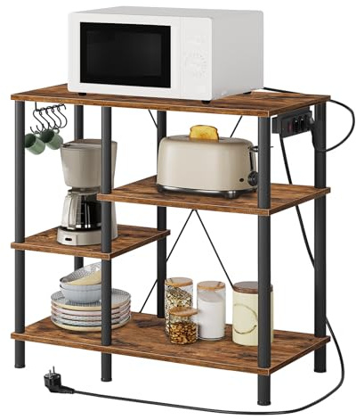 HOOBRO Scaffale da Cucina con Presa di Corrente, Scaffale Porta Microonde con 5 Ganci a S, Stazione di Lavoro da Cucina con Armadio, Portaoggetti per Soggiorno, Marrone Vintage e Nero EBF19CHB01