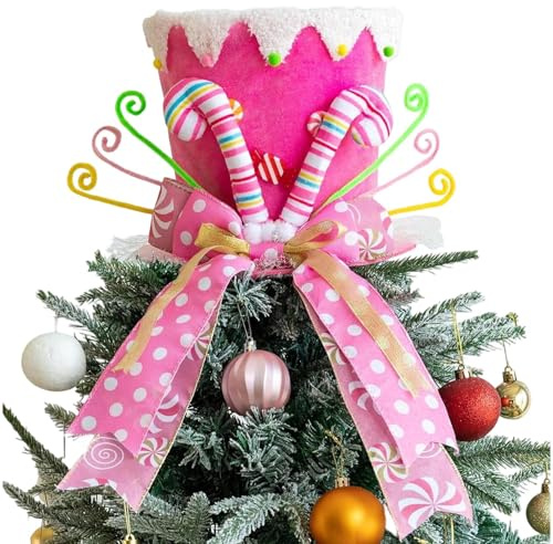 Weihnachtsbaumspitze – Filz 21,8 x 21 cm | Großer rosa Baumhut mit Zuckerstangen und gestreifter Schleife | festliche Baumspitze | festliche Feiertagsdekoration für Weihnachtsbaum, Zuhause, Büro