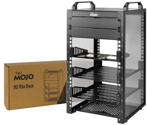 Tecmojo Mini rack da scrivania 9U da 200 mm di profondità con ripiano SBC, scheda adattatore da Micro HDMl a HDMI, pannello vuoto, per AV, NAS e server da 10, nero