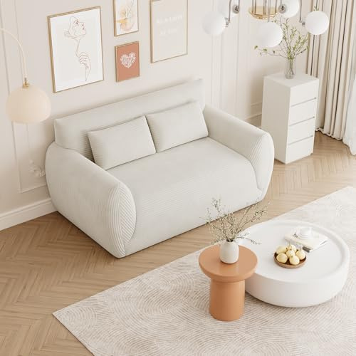 Vesgantti Cord 2 Sitzer Sofa, Montagefrei, 160 cm lang, Compressed Sofa mit 2 Stützkissen für Wohnzimmer, Schlafzimmer (Creme, Zweisitzer)