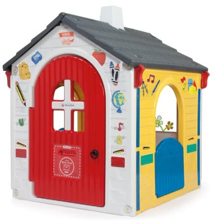 INJUSA - Spielzeughaus School Party für Kinder von 3 bis 6 Jahren | Kinderhaus mit 1 Haupttür mit Riegel und Briefkasten | 2 Seitentüren | 1 Fenster mit Außentheke | Mehrfarbig (20334)
