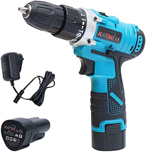 KATSU Cordless Impact Hammer Drill Driver 12V 10mm Keyless Chuck, 2 Gear Speed, LED Light and 2 X 1.5Ah Batteries Included, for Wood Cement Concrete Ceiling Brick Wall 102373