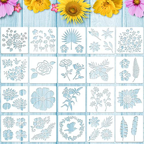 20 Stücke Blumen Schablone Rose Sonnenblumen Schablone Frühling Sommer Schablone Vorlage Blatt Zeichnung Schablone Wiederverwendbare Malschablone für Malerei auf Holz Wand Deko, 6 x 6 Zoll
