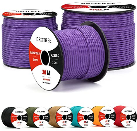 Brotree 3mm Paracord 425 100% Nylon 30M Rope 3 Strands Type II Parachute Cord for Outdoor, Craft, DIY - 192kg Breaking Load (Purple)