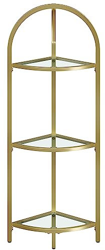 VASAGLE Eckregal 3 Ebenen, Bücherregal, Pflanzenregal, Standregal, Badezimmerregal, Ablagen aus Hartglas, Stahlrahmen, modern, für Wohnzimmer, Küche, metallisches Gold LGT811A01