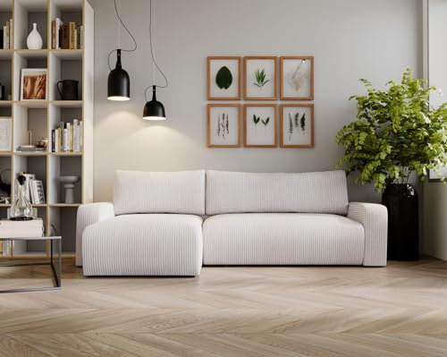 Kaiser Möbel, Ecksofa mit schlaffunktion, mit Bettkasten, Schlafsofa Argon, Designer Sofa, Modern Design Couch, Polsterecke, Freistehend, Zoom Stoff, Dicker Cord Beige Ottomane Links