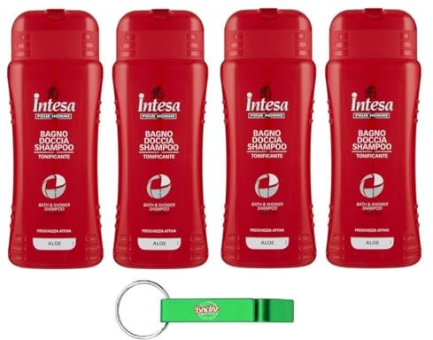 4 X Intesa Pour Homme Aloe Gel Doccia Shampoo, Tonificante, Freschezza Attiva, 500 ml + Portachiavi Beni Culinari